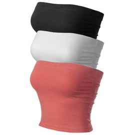 MixMatchy Women's Solid Casual Summer Side Shirring Scrunched Double Layered Tube Top 3PACK - Black/White/Ash Rose S