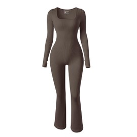 OQQ Women Yoga Jumpsuits Ribbed Exercise Long Sleeve Tops Bell Bottoms Flare Jumpsuits Tea leaf