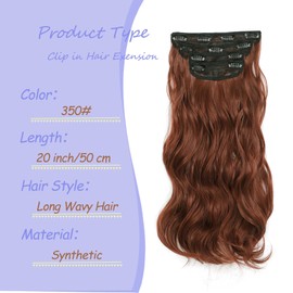 KEPBEAY Clip in Hair Extensions 4Pcs 180g Long Wavy Synthetic Hair Extension Clip ins Natural Black for Women 20 inch Clip in Extensions (350, 20inch)