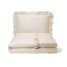 balbina Kinderbettwäsche Baumwolle, 2-teilige Babybettwäsche, Bettwäsche-Set für Kinder, Bettwäsche mit Rüsche & Reißverschluss, Bettbezug 100 x 135 cm & Kopfkissenbezug 60 x 40 cm, Hellbeige