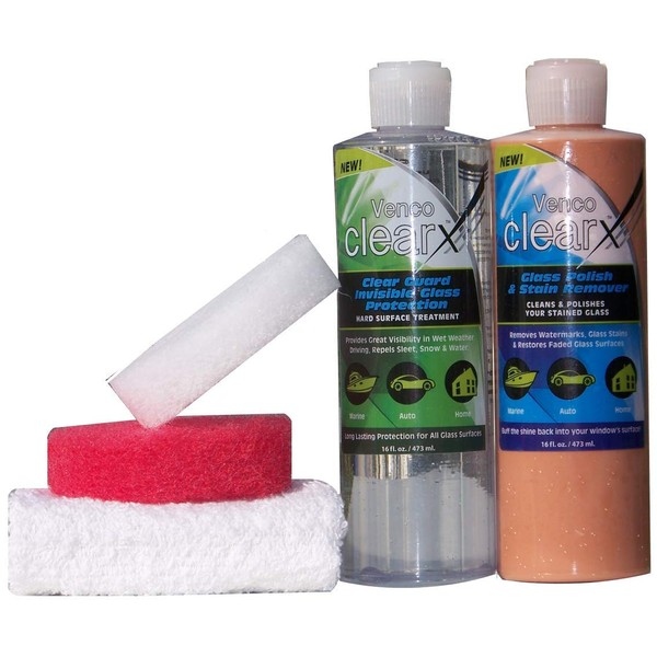 Venco Clear X : Glass Polish – removes rust spots, burnt in stains, etc. Glass Protector – Protects the surface, repels snow, water, and provides great visibility.