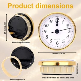 BTFO Round Quartz Clock Insert, 2.8 Inch Mini Quartz Movement Miniature Clock Face Arabic Numerals Insert Replacement (Gold Trim)