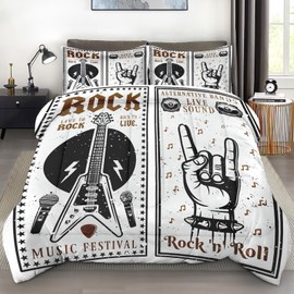 Pamnest Comforter Set Full Size, Rock Roll Guitar Soft 3 Pcs Bedding for Kids and Adults, Retro Star Music Comforter Set with 2 Pillowcases, for Bedroom Bed Decor