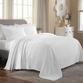 Reversible 2 Piece Pretty Medallion Scroll Pattern Cotton Bedspread Twin Size Raised Jacquard Design | Oversized All Seasons Bright White Color Farmhouse Bedding Plush Soft Quilt Coverlet Set