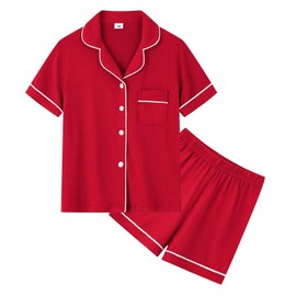 SWOMOG Kids Modal PJs Short Sleeve Button-Down Pajamas Two-Piece Lounge Sets Soft Red Sleepwear Size 12-13