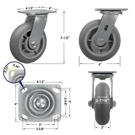 NINOSO Caster Wheels Heavy Duty, 6" x 2" Rubber Casters Set of 4 with Load 2000lbs Capacity, Plate Swivel Industrial Caster Wheels for Cart Hotel(4 Swivel)
