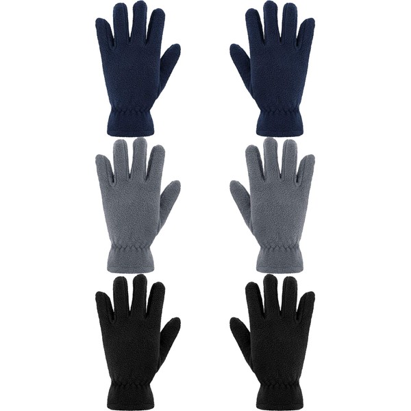 Satinior 3 Pairs Children's Fleece Gloves Winter Soft Warm Gloves for Boys Outdoor Activities - Black, Grey, Navy