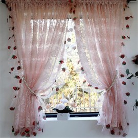 NewWPKIRA Princess Style Pink Floral Embroidery Lace Curtain with Sequins Strawberry Trim Romantic Lace Sheer Short Curtains for Girl's Bedroom Rod Pocket Top 2 Panels (Pink,W42 x L63 inches)