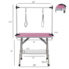 VERYKE 46'' Pet Grooming Table, Arm Adjustable Dog Grooming Station,Portable Trimming Table Drying Table w/Arm/Noose/Mesh Tray Maximum Capacity Up to 250Lb (Pink, 42'')