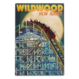 Wildwood, New Jersey, Roller Coaster and Moon (12x18 Aluminum Wall Sign, Wall Decor Ready to Hang)