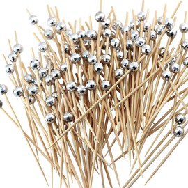 300 Pieces Bamboo Cocktail Picks, BetterJonny Silver Mirror Ball Wooden Toothpicks pearl Fruit Sticks for Wedding Birthday Party Supplies
