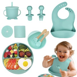Platos para Bebe Silicon, 10 Pcs Vajilla para Bebe de Silicona de Grado Alimenticio, Sin BPA, Incluyen Platos,Baberos,Tenedores,Cuchara,Tazas para sorber,Cuencos,Vasos de Agua,Apto para Microondas