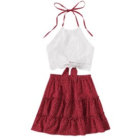 LYANER Women's 2 Piece Outfits Summer Lace Halter Cami Crop Top with Floral Mini Skirt Set Red Dots X-Large