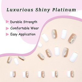 Square Press on Nails Medium Length Fake Nails Coffin Full Cover False Nails Nude and White Nails Medium Glue on Nails with Golden Foils Glitters Design French Glossy Fingernails for Women 24Pcs