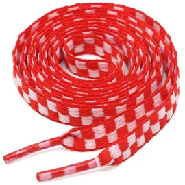 YJRVFINE Flat Checkered Shoe Laces: Wide 5/16" Patterned Shoelaces for Sneakers Red White 45.28 Inch 1 Pair