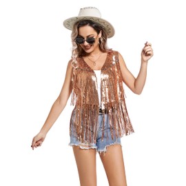 Sequin Fringe Jackets Golden Tassel Vest Women 70s Hippie Sparkly Rivet Sleeveless Open Front Western Cowgirl Coat (S)