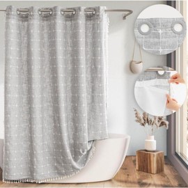 Sage Green Farmhouse Shower Curtain with Snap-in Liner, No Hooks Needed,with Window, with Magnets,with Tassels,Water Repellent&Machine Washable,71x74Inch - Color: Grey-74L*71W