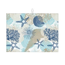 Seashells Starfish Dish Drying Mat for Kitchen Counter Reversible Absorbent Dish Mat Large Drying Kitchen Mat 18X24inch Dish Drying Matt for Kitchen Dish Drying Mat