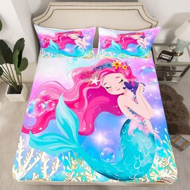 Mermaid Fitted Bottom Sheet Full Size Beautiful Mermaid Fairy Tale Bed Sheet 3 Pieces Fits MattressShinny Undersea World Soft Microfiber Sheets Breathable Bedding Kids Teens