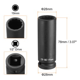 HARFINGTON 2Pcs 12-Point Deep Impact Socket 1/2 Inch Drive 19mm Metric Chrome Molybdenum Alloy Steel Spindle Axle Nut Impact Socket