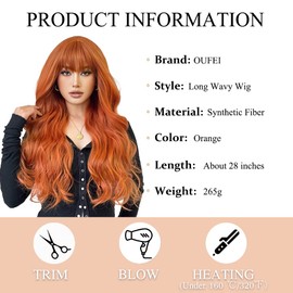 Oufei Long, Wavy, Orange Wig with Fringe for Women, Natural Look, Synthetic Hair, Heat-Resistant Wigs for Daily Wear, Parties, Cosplay Wear, 71 cm