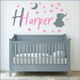Cute Elephant Stars Moon and Custom Name Wall Decal for Kids Room - Custom Name for Wall D?cor - Baby Initial Wall Decal with Elephant and Stars