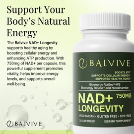 BALVIVE NAD+ Longevity Booster Supplement - Bioenergy Ribose & Nicotinamide for Energy, Focus & Cellular Support - High Bioavailability Complex for Men & Women - Natural Ingredients - 30 Capsules