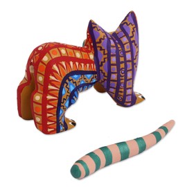 NOVICA Artisan Handmade Wood Alebrije Figurine Multicolored Cat from Mexico Sculpture Animal Themed Folk Art Painted NAT Geo Decor [3in H x 8.25in W x 1.7in D] ' Festive Cat'