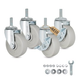 M10 Threaded Stem Caster Wheels, 3 Inch Heavy Duty Swivel Casters with Brake, 360° Rotation, Quiet & Smooth Rolling, Replacement Wheels for Workbench, Furniture, Carts, and Shelving (Set of 4)