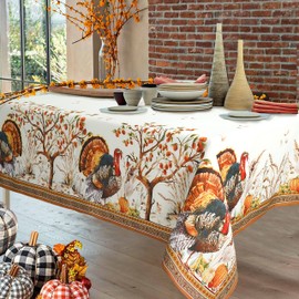 Virtumob Fall Thanksgiving Double Border Decoration Tablecloth,Turkey & Pumpkin Harvest Tablecloths, Waterproof Table Cover for Dinner Kitchen Party Holiday Decorations, 60"x 84" Oblong/Rectangle