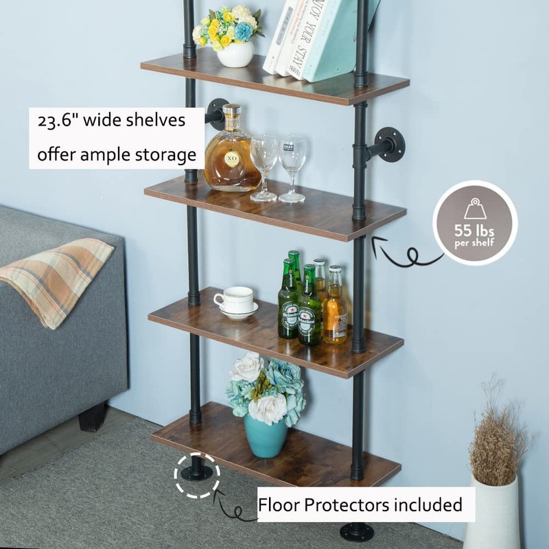 HEONITURE 5 Shelf Industrial Pipe Shelving, Black Modern Bookcase Bookshelf,