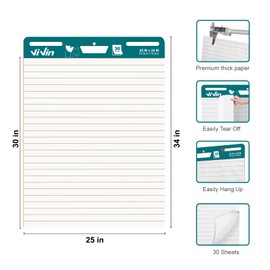ViVin Lined Sticky Easel Pad, 25 x 30 Inches Flip Chart Paper for Teachers and Students, Large Self Stick Easel Paper, Teacher Anchor Chart, 30 Sheets/Pad, 10 Pads/Pack