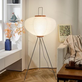 MUMENG Japanese Rice Paper Floor Lamp, Akari Noguchi Style Lantern Lamp with Foot Pedal Switch, Tripod Floor Lamp Standing Lamp for Bedroom, Living Room, Office, E26/E27 Bulbs Compatible