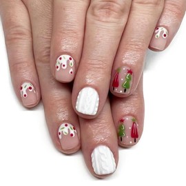 Christmas Press on Nails Short Square Fake Nails with Xmas Tree Designs Ice Cream Glue on Nails Red Holly White French tips Stick on Nails Glossy Winter Xmas False Nails for Women Holiday Manicure