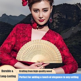 TARANDUS Foldable Hand Fan & Wooden Fans Handheld - 2-Pack Chinese Vintage Folding Fans with Sandalwood Scent, Hollow Carving for Wedding/Birthday Party Favors, Photography Props, Home Décor (Wooden)