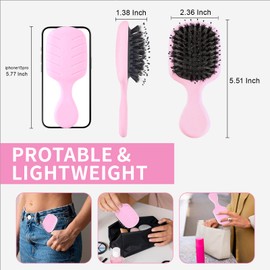 Jurrissa Mini Boar Bristles Hair Bursh, Travel Size Hair Brush for Women Men Kids, Protable Small Hair Brush for Pockets Purses, Mini Detangler Brush for Smooth Add Shine(Pink)