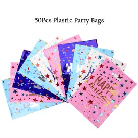 50Pcs Plastic Party Favor Bags Durable Return Gift Bags with Handles for Kids Birthday Goodie Candy Bags (25x16.5cm)