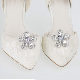 Ruihfas 2Pcs Floral Shoe Clips Pearl Crystal Shoe Buckles Decoration Accessories (Silver)