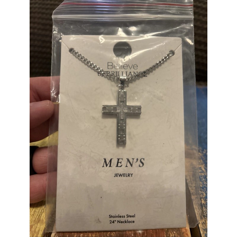 Believe by Brilliance Cross Pendant Necklace Men’s 24' Stainless Steel