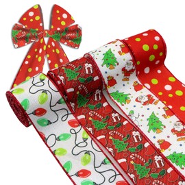 4 Rolls 20Yards Wired Edge Ribbon 2.5inch Christmas Tree Santa Claus Gifts Printed Burlap Ribbon for Gift Wrapping Bows Wreath Making Birthday Wedding Party Decoration (Mixed Colors A)