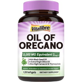 Vitalibre Oil of Oregano 10000mg with Black Seed Oil, 20:1 Extrect, Wild Harvested, Contains Carvacrol, Non-GMO, Herbal Extract Supplement for Immune Support, 120 Softgels