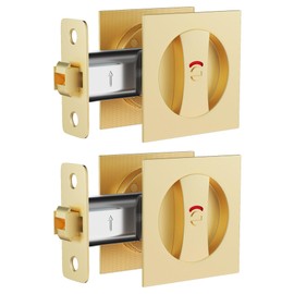 goldenwarm Gold Pocket Door Hardware with Indicator, Brushed Gold Contemporary Privacy Square Pocket Door Lock, Brushed Gold Pocket Door Lock(2 Pack)