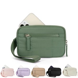 Quilted Wristlet Wallets for Women, Nylon Keychain Wallet Women Wristlet, With Three Zippers and Transparent ID Window (Green)