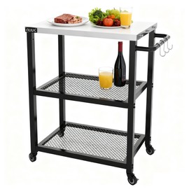 NUUK Grill Cart 16" x 24" Dining Prep Table 3-Shelf Kitchen Worktable Rolling Outdoor Pizza Oven Carts with Stainless Steel Top for Outside BBQ Tables