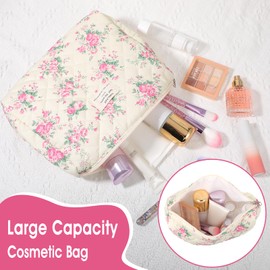 Yuanchu Floral Makeup Bag, Cute Coquette Quilted Toiletry Bag for Women Floral Coquette Pouch Aesthetic Flower Travel Toiletry Organizer Bag(Pink)