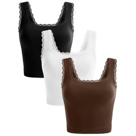 OLCHEE Womens 3 Pack Crop Tank Tops Seamless Ribbed Square Neck Lace Trim Y2K 2025 Trendy Going Out Summer Fitted Camisoles - Black White Brown Medium