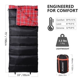 BISINNA Cotton Flannel Sleeping Bag for Adults Cold Weather Camping Sleeping Bag 3 Season Envelope Sleeping Bag with 2.4/3.3lbs Filling for Hiking Backpacking