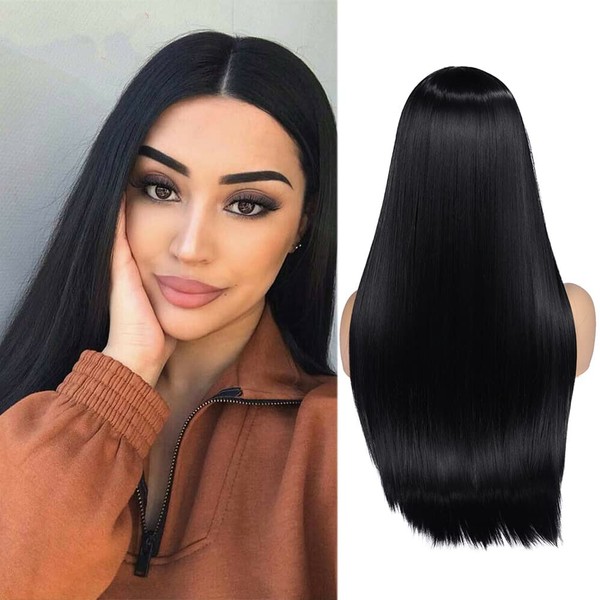 WIGER Long Black Wigs Natrual Black 1B Straight Black Hair Wig Middle Part Synthetic Heat Resistant Fiber Party Daily Full Wigs for Women Girls