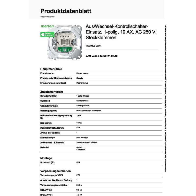 Merten MEG3106-0000 Two-way switch insert 1 pole with indicator light