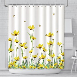AIBIIN Spring Flower Shower Curtain Bee Summer Curtain Yellow Gerbera Pollens Artwork Print Polyester Waterproof Material Home Bathtub Sets with 12 Hooks 180x200cm
